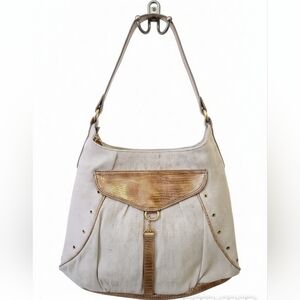 Neutral Canvas & Gold Trim Shoulder Medium Bag